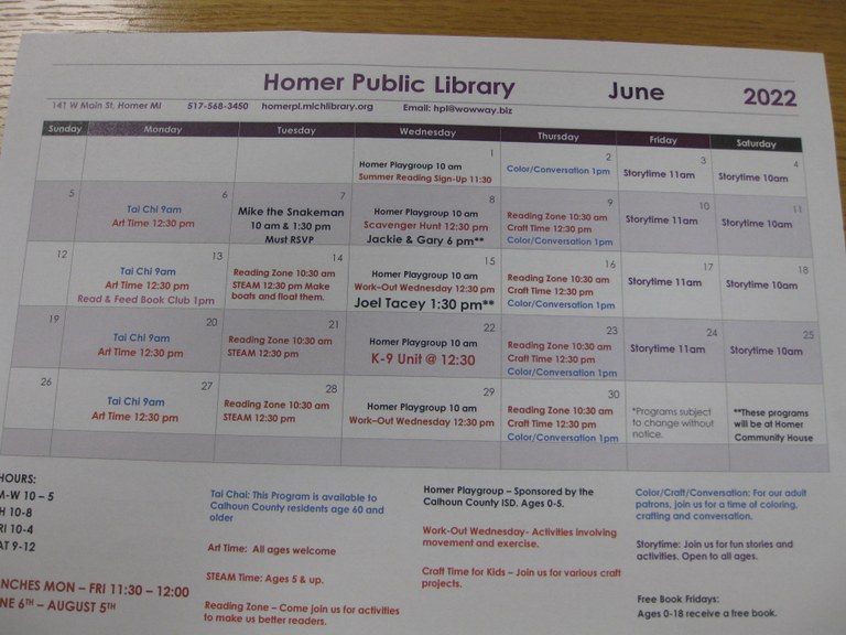 Calendar of events for Homer Public Library