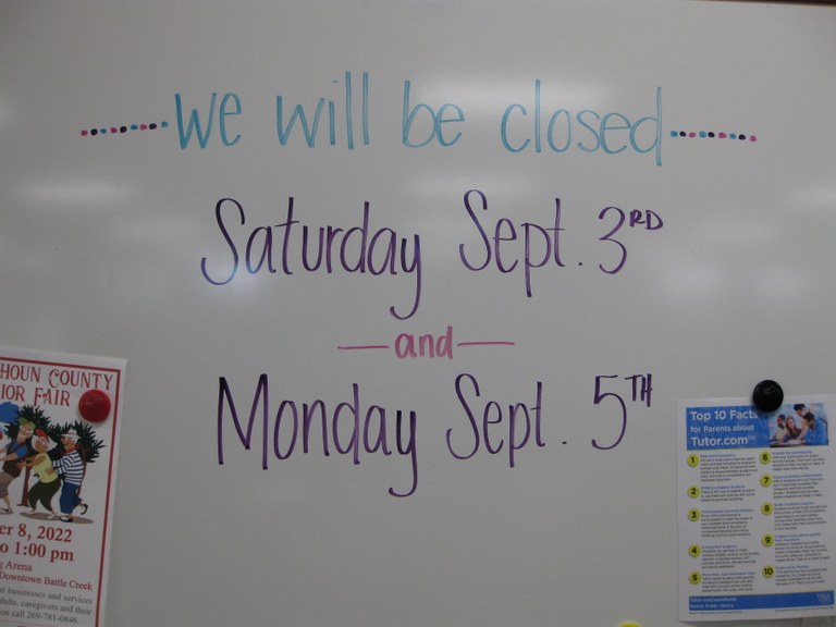 The Library will be closed September 3 and September 5