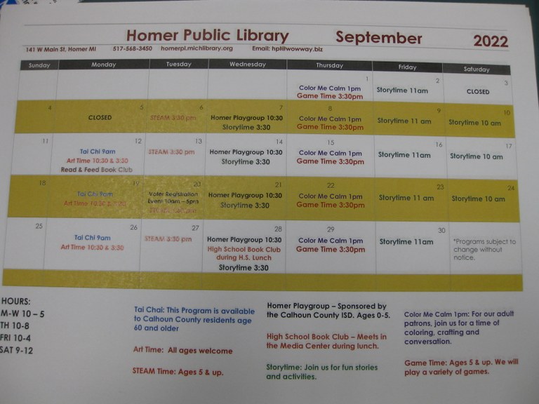 Library activities calendar